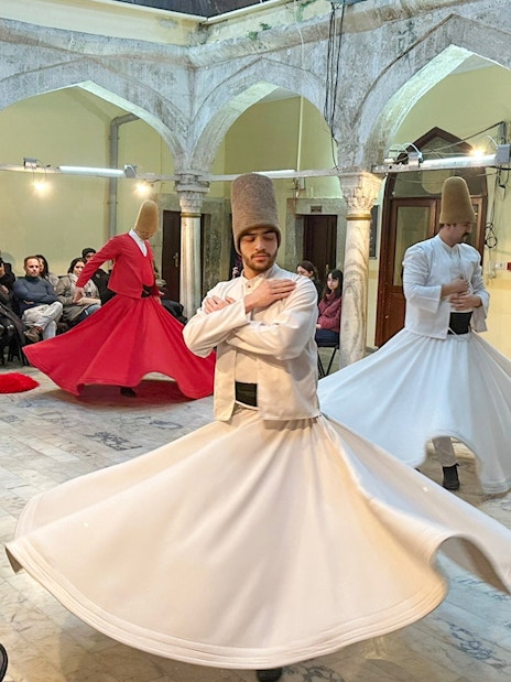 Whirling dervishes performing the Mevlevi Sema ceremony in Istanbul, Turkey.