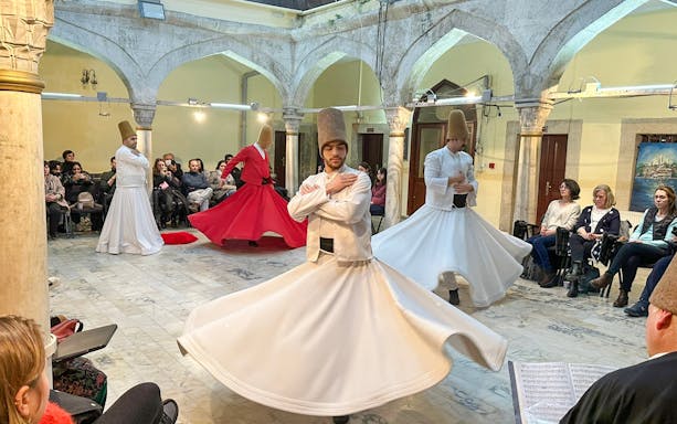 Whirling dervishes performing the Mevlevi Sema ceremony in Istanbul, Turkey.