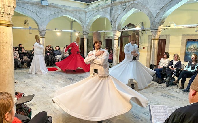 Whirling dervishes performing the Mevlevi Sema ceremony in Istanbul, Turkey.
