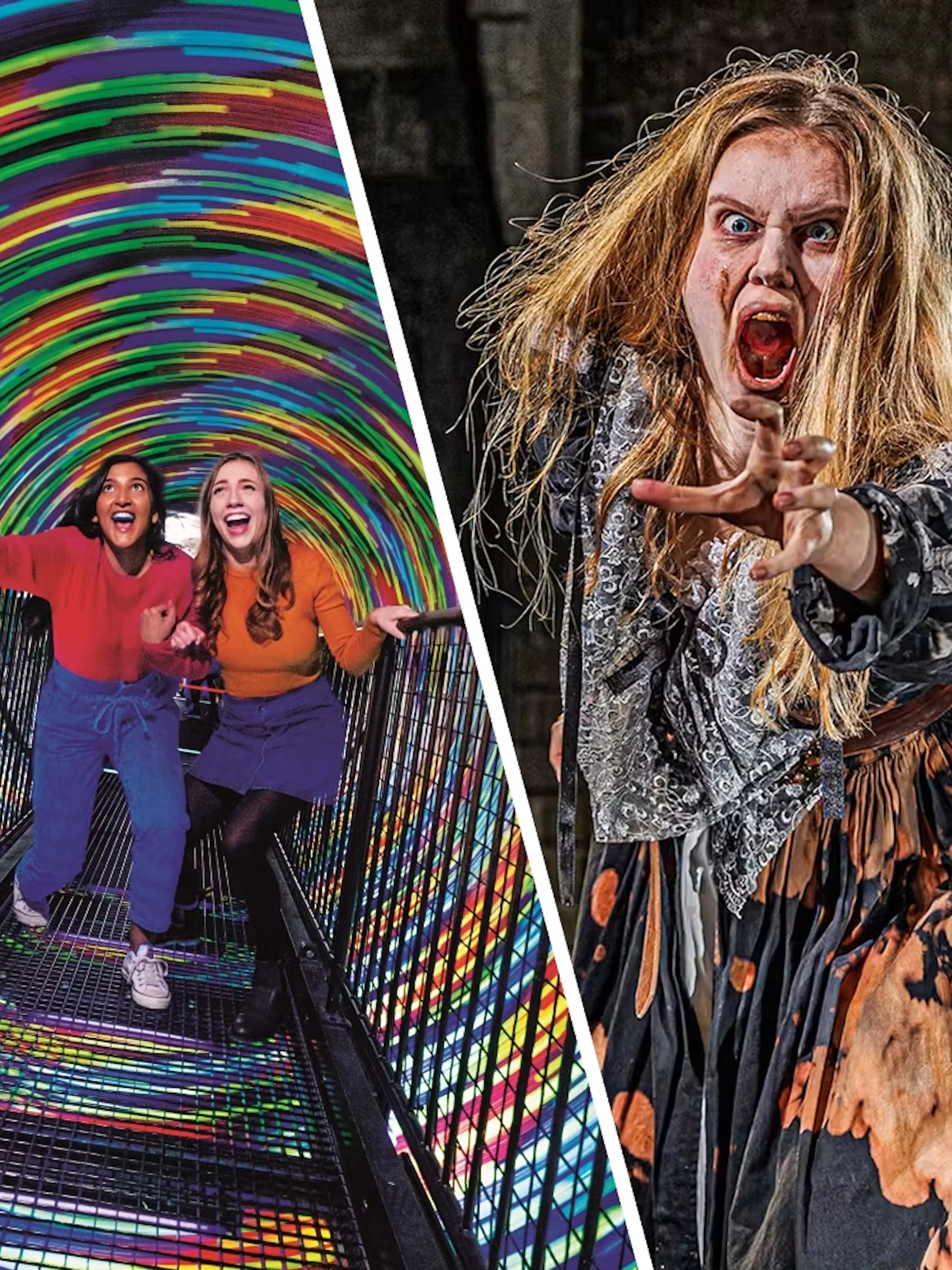 Visitors in Vortex Tunnel at Camera Obscura, Edinburgh, and actor at Edinburgh Dungeon.