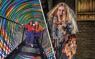 Visitors in Vortex Tunnel at Camera Obscura, Edinburgh, and actor at Edinburgh Dungeon.