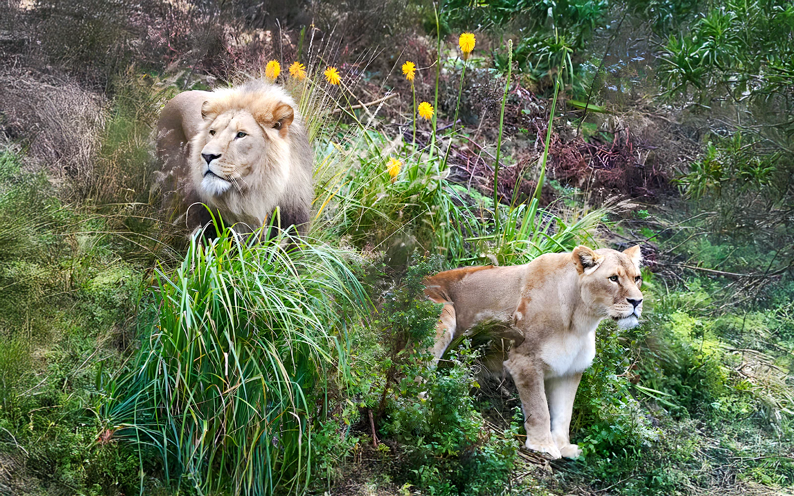 Asiatic lions in lush greenery at a wildlife sanctuary.