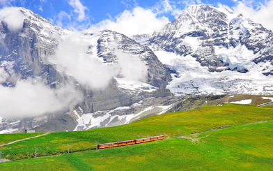 Train traveling through green fields with snow-capped mountains in Jungfraujoch, Switzerland.