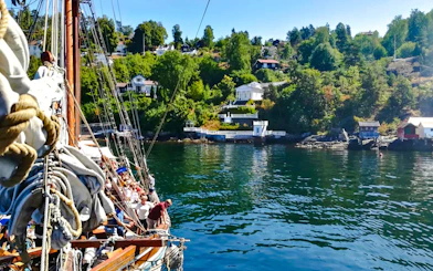 Sailing ship near summer cottages along Oslofjord.