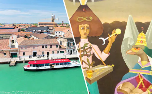 Venetian canal with a tour boat and surreal art painting in Venice, Italy.