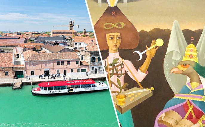 Venetian canal with a tour boat and surreal art painting in Venice, Italy.