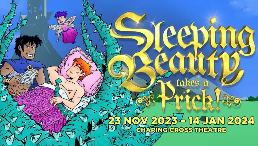 Cartoon scene from Sleeping Beauty Takes A Prick at Charing Cross Theatre, featuring characters and thorny vines.