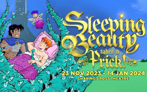 Cartoon scene from Sleeping Beauty Takes A Prick at Charing Cross Theatre, featuring characters and thorny vines.