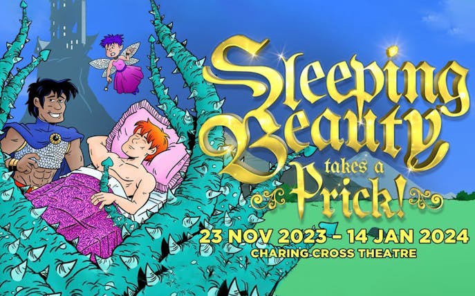 Cartoon scene from Sleeping Beauty Takes A Prick at Charing Cross Theatre, featuring characters and thorny vines.