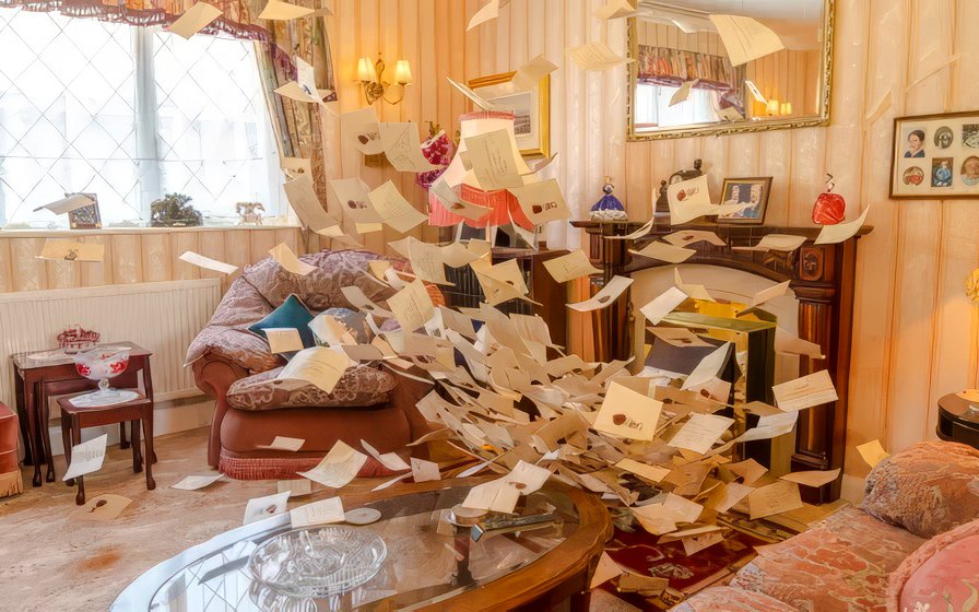 Letters from Hogwarts fill the Dursley living room at Privet Drive.