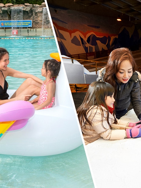 Family enjoying pool float at Wild Wild Wet and snow activities at Snow City, Singapore.