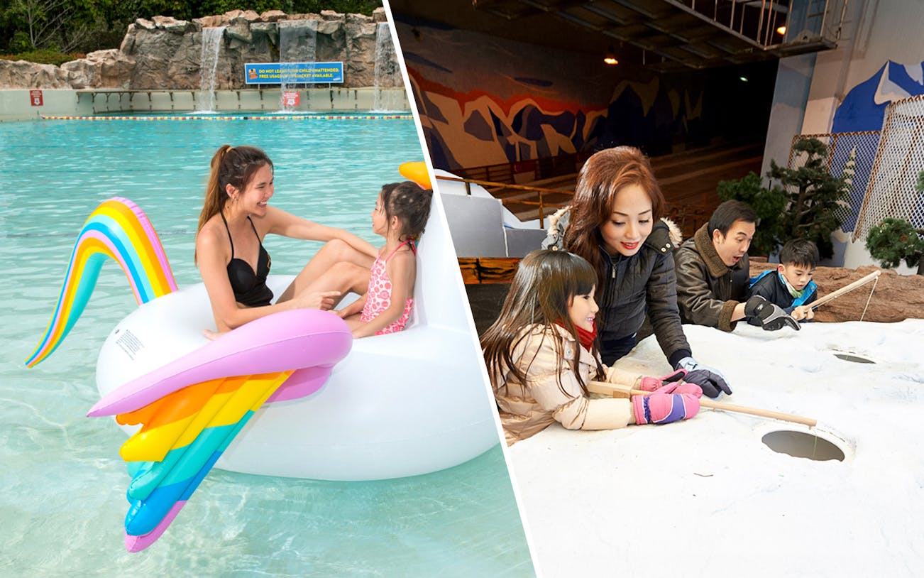 Family enjoying pool float at Wild Wild Wet and snow activities at Snow City, Singapore.