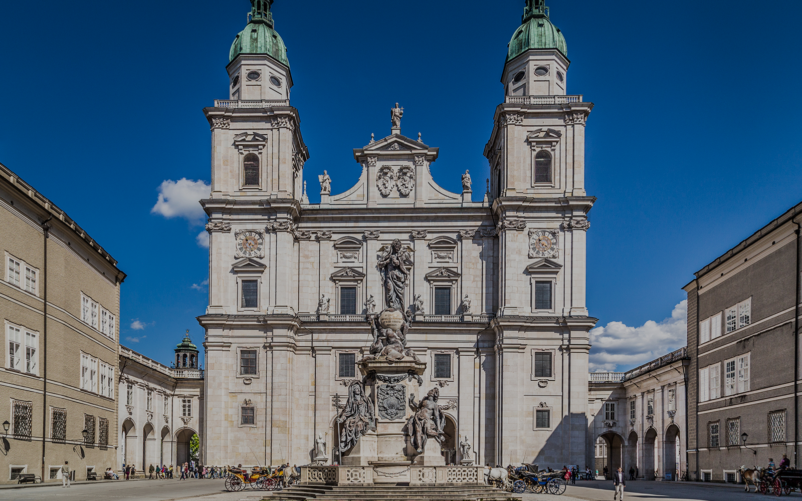 Salzburg Cathedral exterior with twin towers and baroque architecture in Salzburg, Austria.