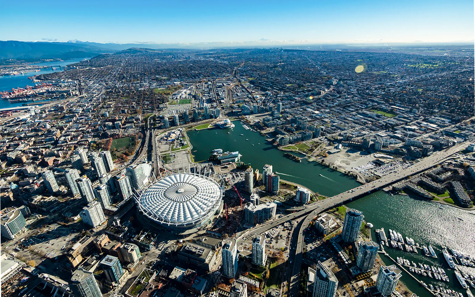 Aerial view of BC Place Stadium and surrounding Vancouver cityscape, Canada.