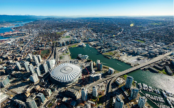 Aerial view of BC Place Stadium and surrounding Vancouver cityscape, Canada.