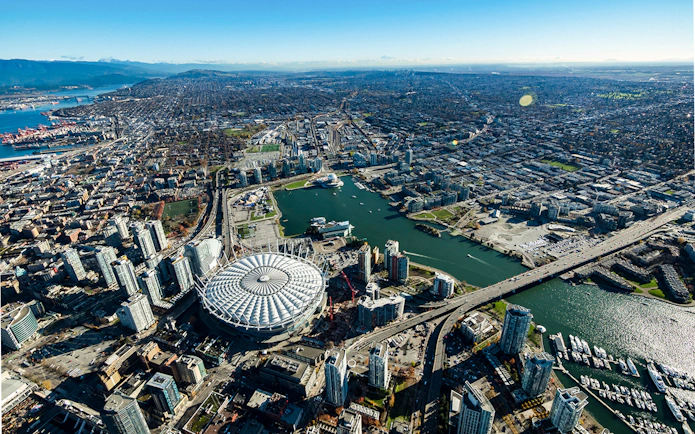Aerial view of BC Place Stadium and surrounding Vancouver cityscape, Canada.
