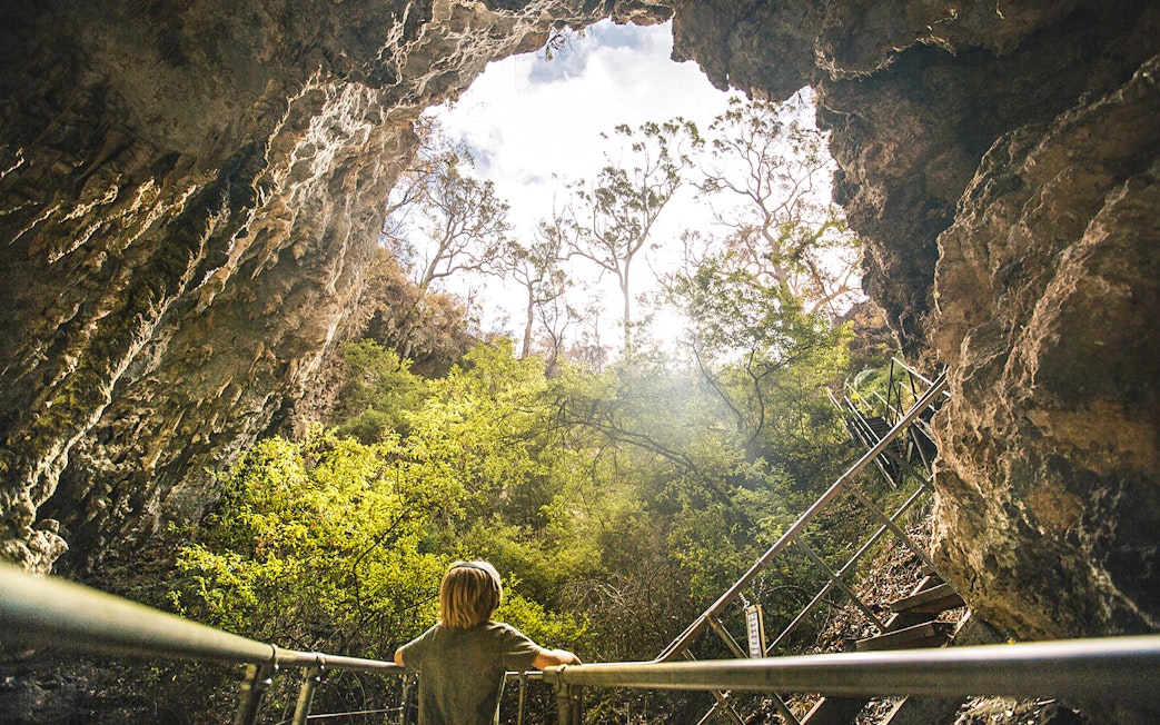 Mammoth Cave entrance with trees and sunlight, Margaret River self-guided audio tour.