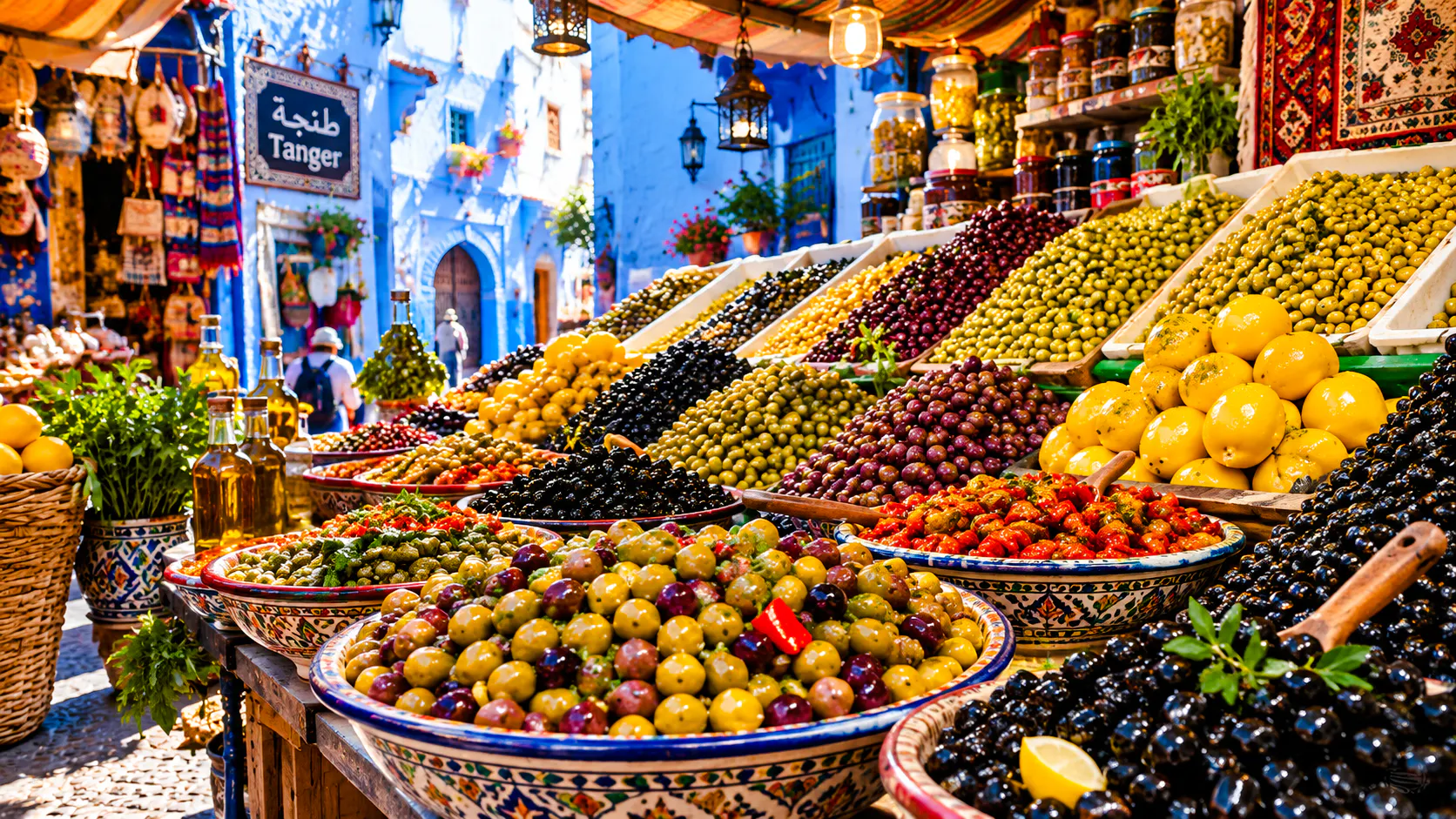 Tangier market with colorful olives and spices on display during a shopping tour.