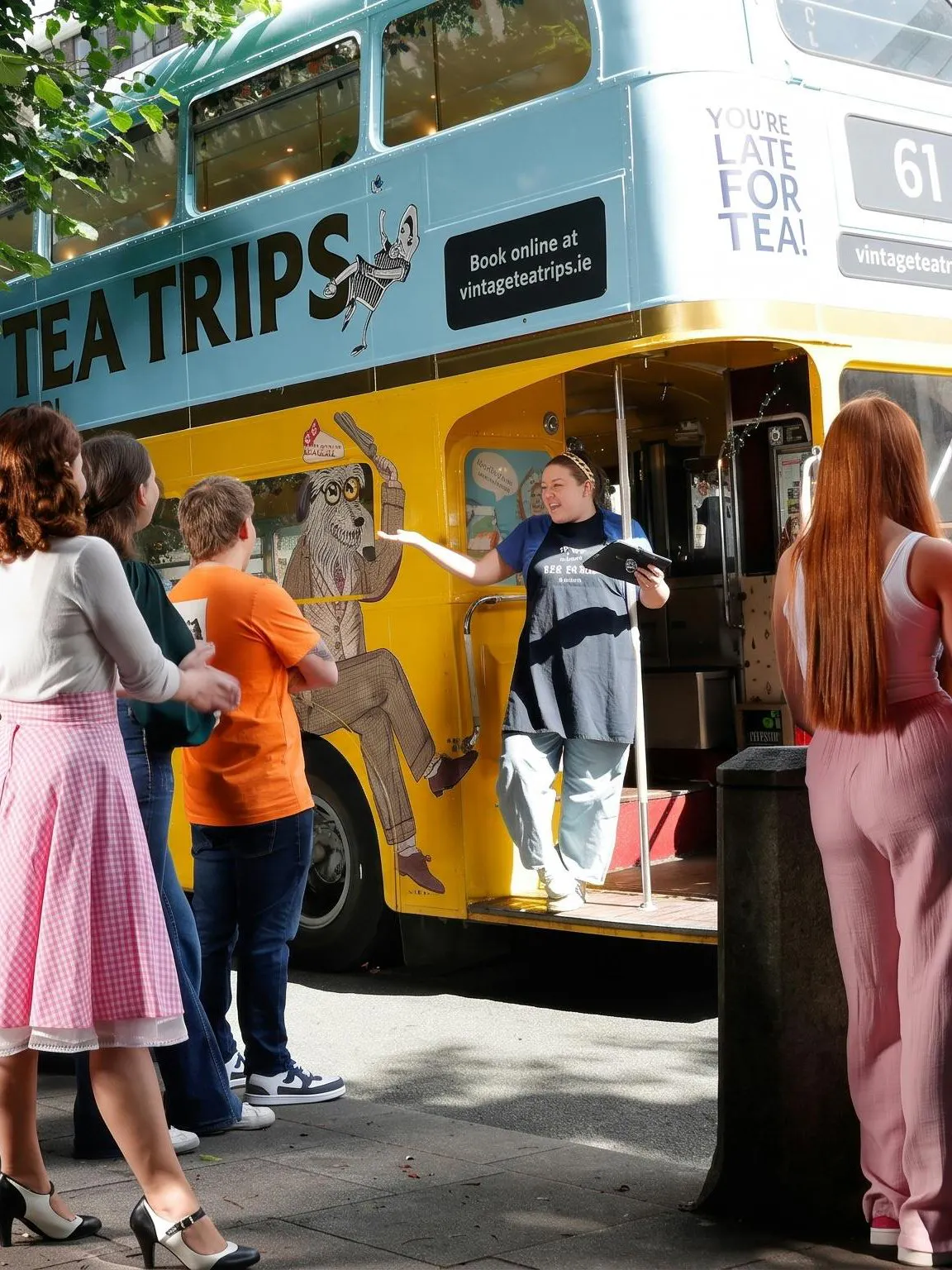 Afternoon tea bus tour in Dublin with guide welcoming passengers aboard vintage double-decker.