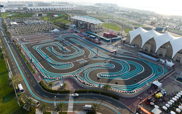 YAS Marina Circuit Kartzone aerial view with winding go-kart track in Abu Dhabi.