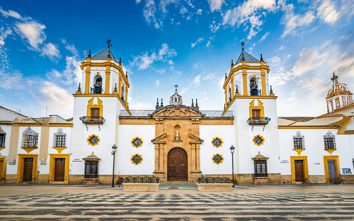 Parish of Our Lady of Perpetual Help facade with twin bell towers, Ronda.