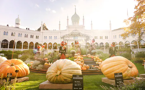 Tivoli Gardens Copenhagen with Halloween pumpkins and festive decorations.