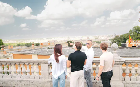 Group enjoying a panoramic view of Rome from a terrace during a golf cart tour.
