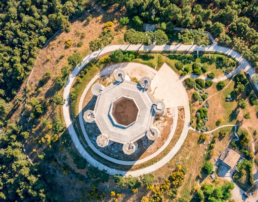 Aerial view of Castel del Monte in Andria, Puglia, showcasing its unique octagonal structure.