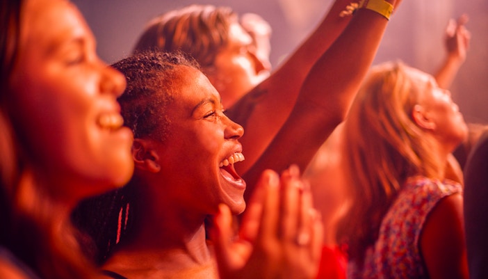 Concertgoers enjoying a live music event, cheering and clapping.