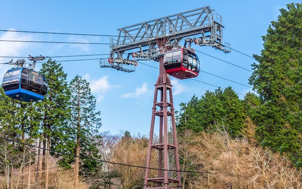 Cable cars over trees on Mt. Komagatake, Japan.