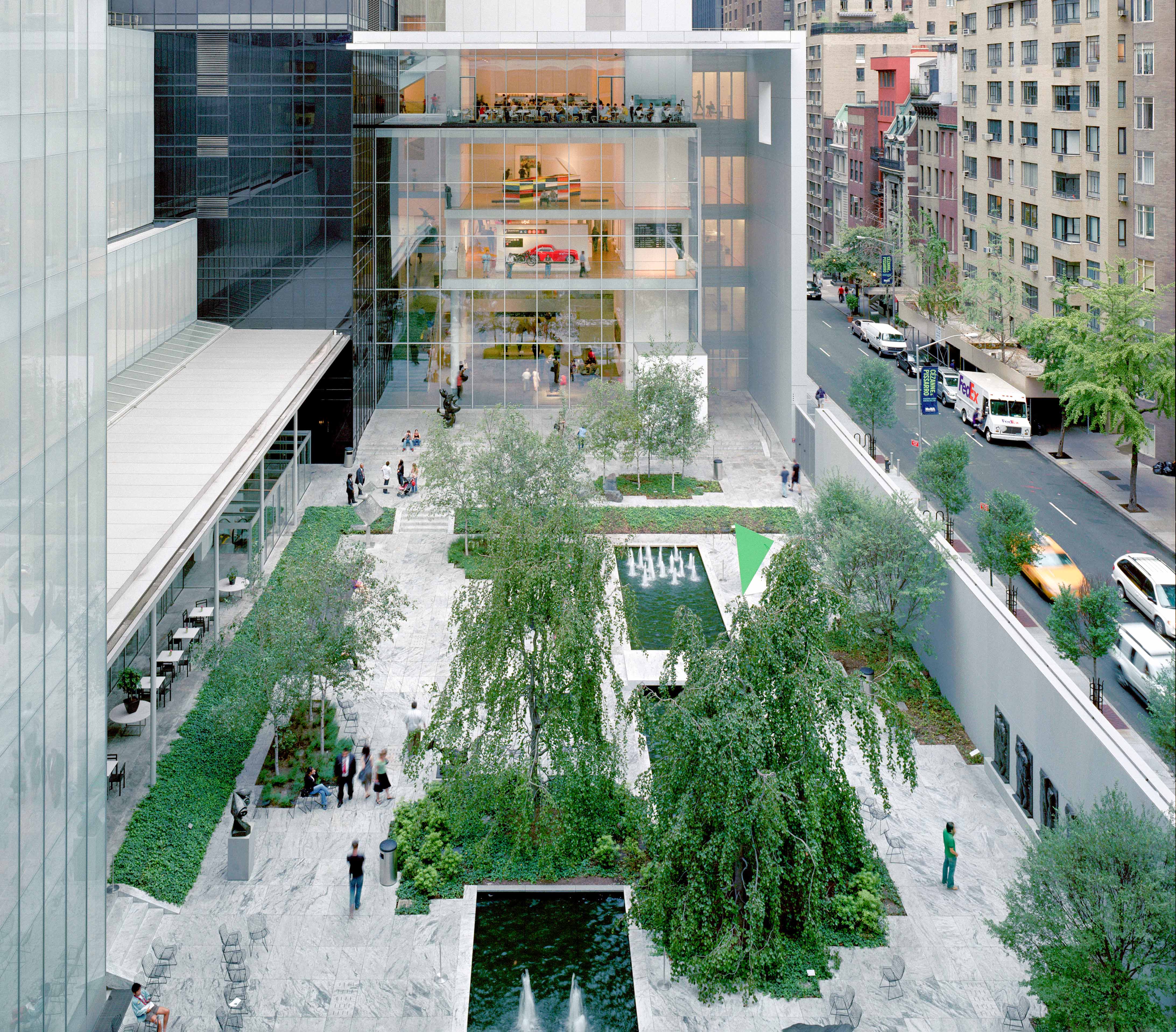 Sculpture garden at MoMA, New York City, featuring modern art installations.
