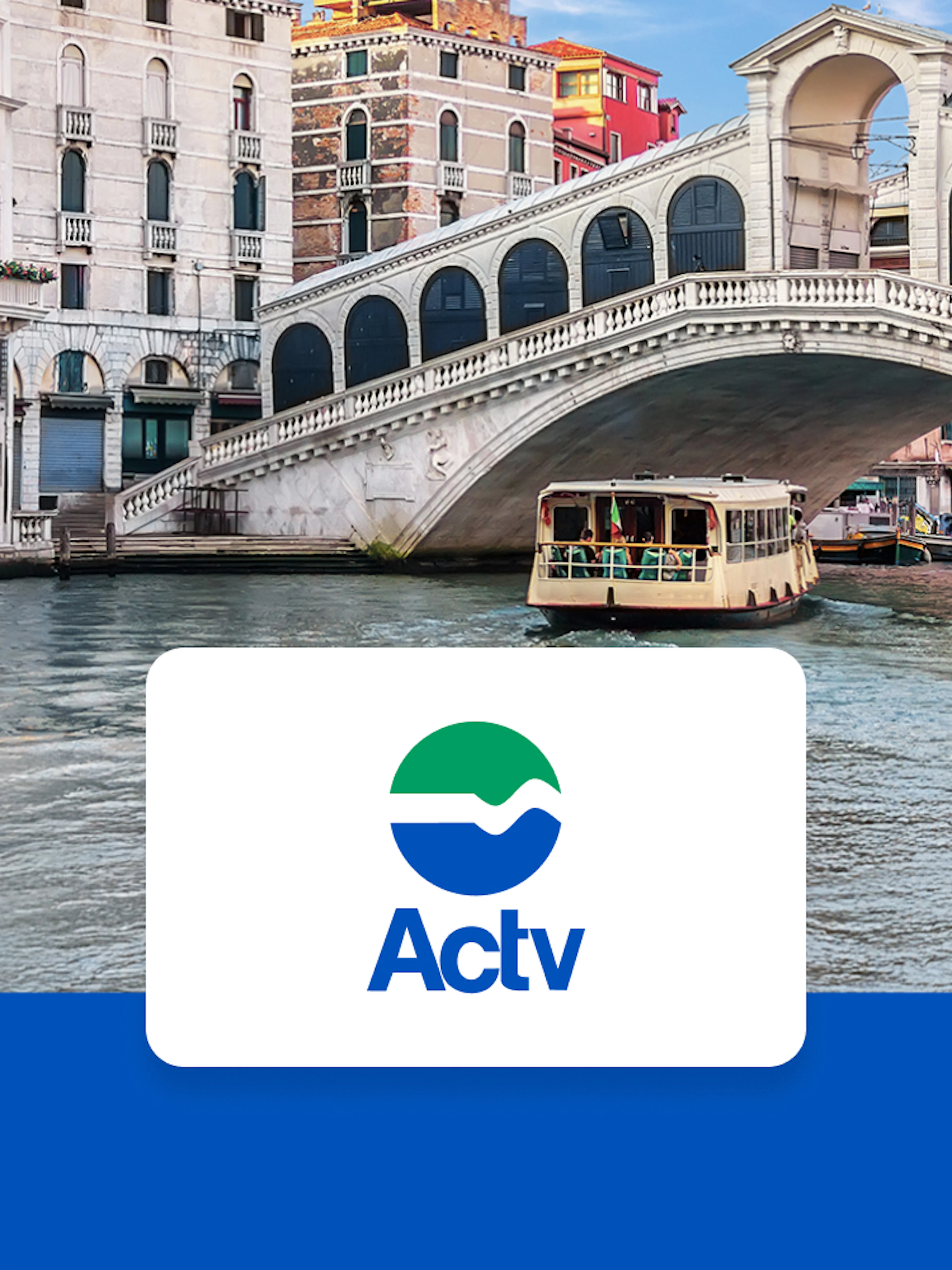 Venice ACTV water taxi near Rialto Bridge on the Grand Canal.