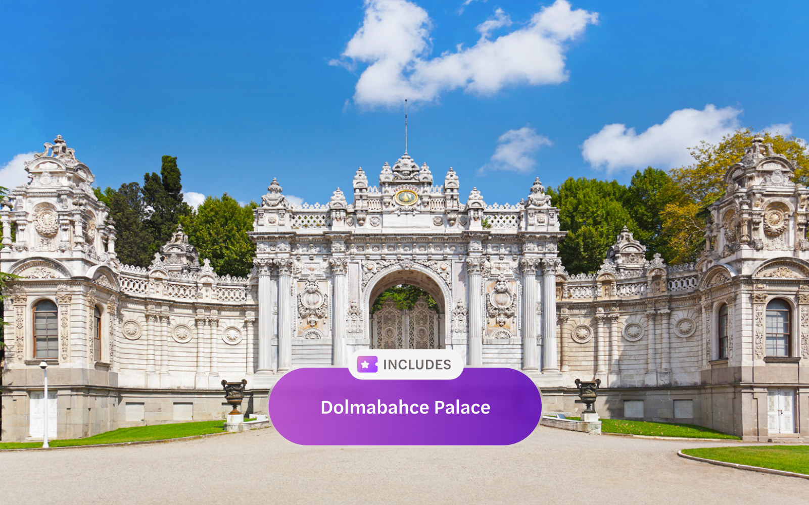 Dolmabahce Palace entrance with ornate architecture in Istanbul, Turkey.