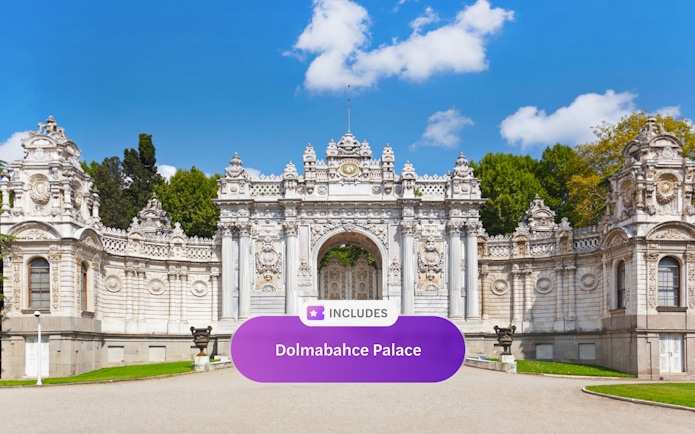 Dolmabahce Palace entrance with ornate architecture in Istanbul, Turkey.