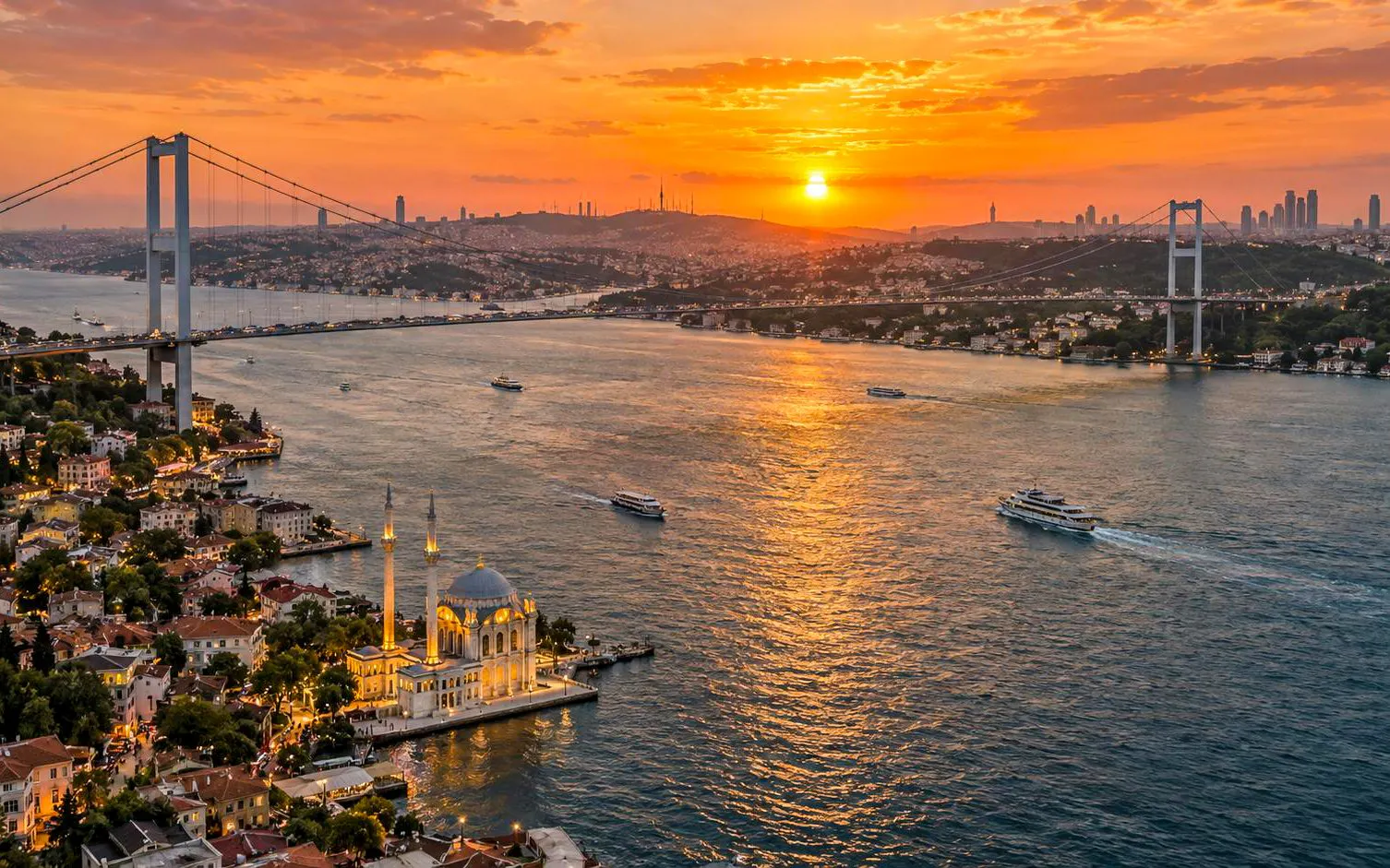 Sunset over Istanbul skyline with Bosphorus Bridge and Ortaköy Mosque.
