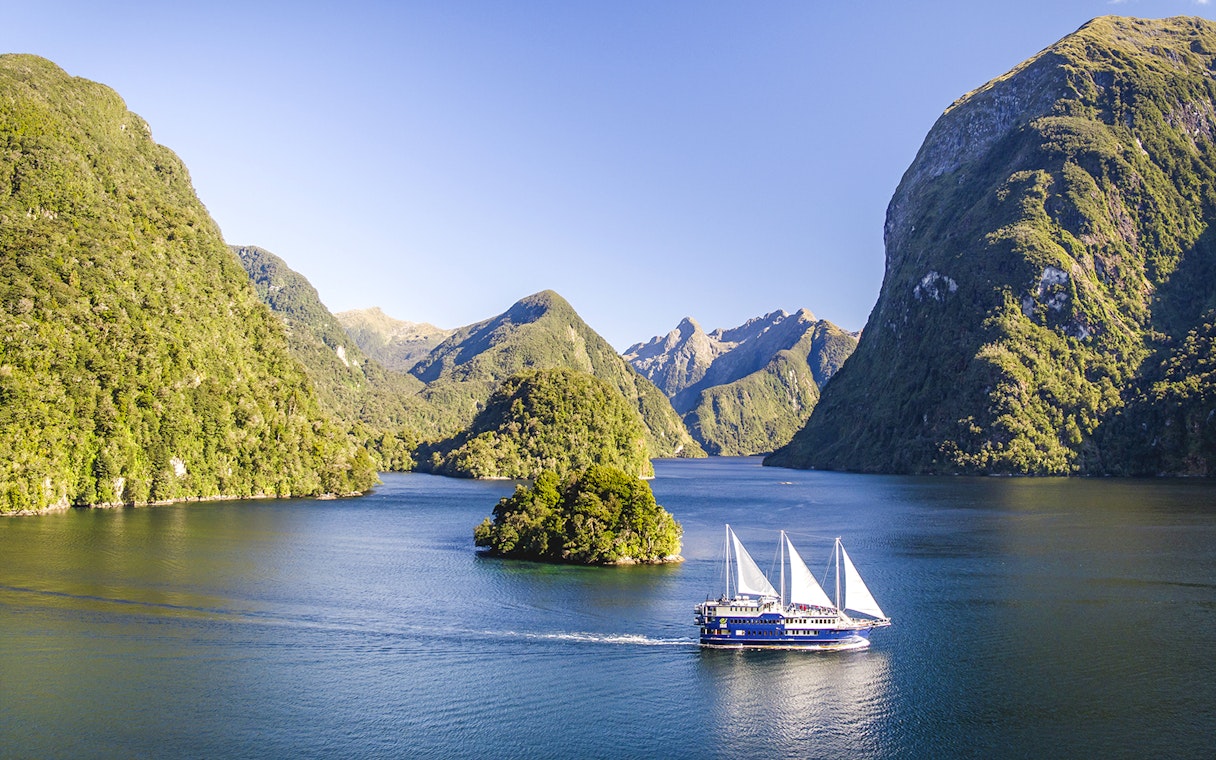 Cruise ship sailing through Doubtful Sound surrounded by lush green mountains.
