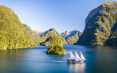 Cruise ship sailing through Doubtful Sound surrounded by lush green mountains.