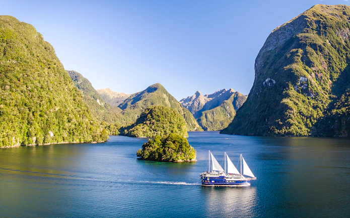 Cruise ship sailing through Doubtful Sound surrounded by lush green mountains.