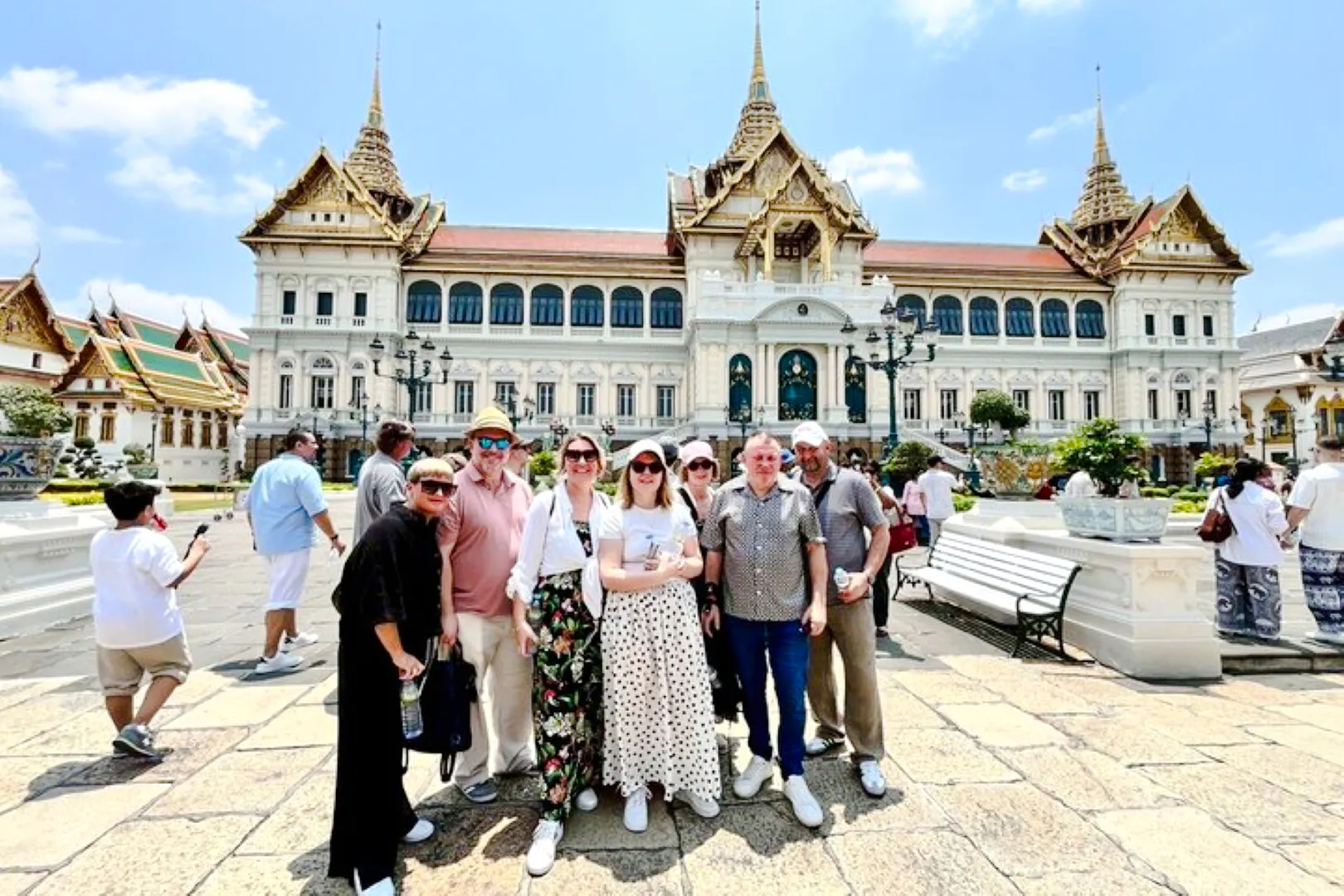 Group of tourists in front of the Grand Palace, Bangkok, during a private tour from Laem Chabang, Pattaya.