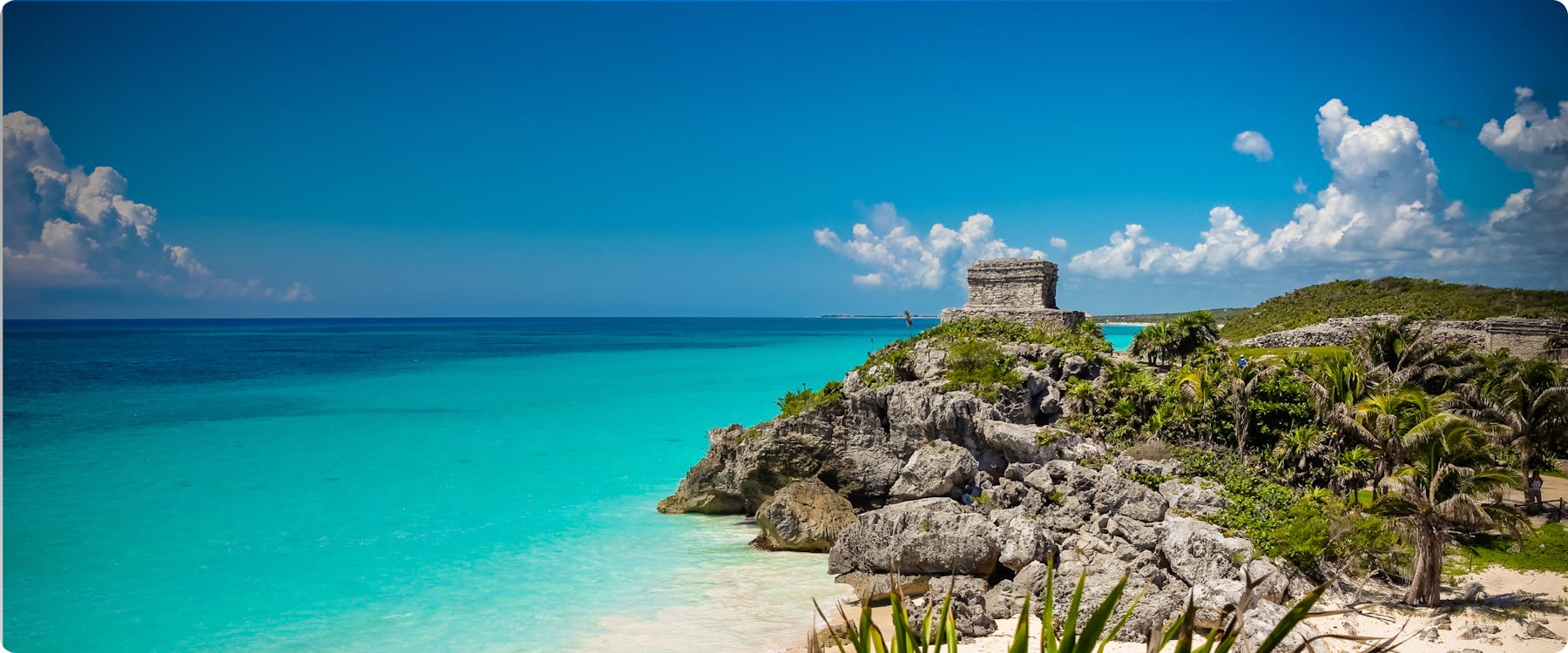 Tulum ruins overlooking the Caribbean Sea near Cancun, Mexico.