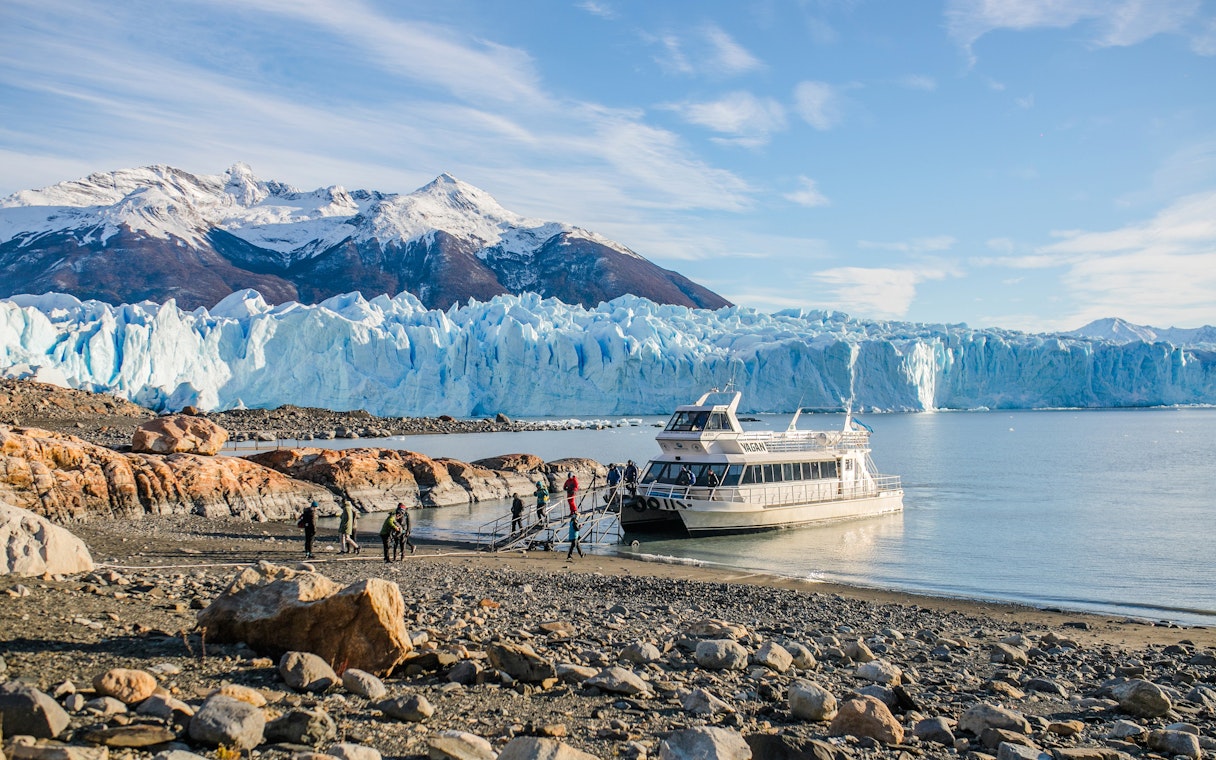 Guests disembarking from a boat on the Safari Azul Guided Tour with Perito Moreno Glacier in Patagonia, Argentina.