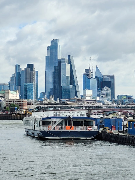 Cruise boat on the River Thames with London skyline, including St. Paul's Cathedral and modern skyscrapers.