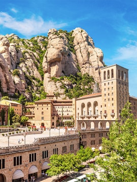 Montserrat Monastery with rocky mountain backdrop in Catalonia, Spain.