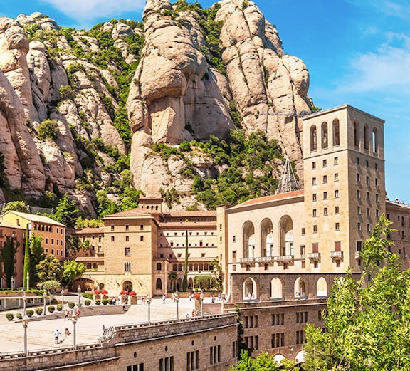 Montserrat Monastery with rocky mountain backdrop in Catalonia, Spain.
