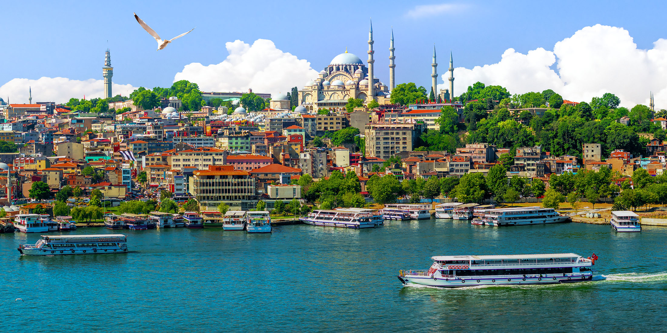 Boats on the Bosphorus with Istanbul skyline and Suleymaniye Mosque in the background.