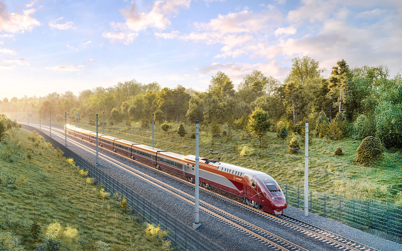 Eurostar train traveling through scenic countryside in Europe.