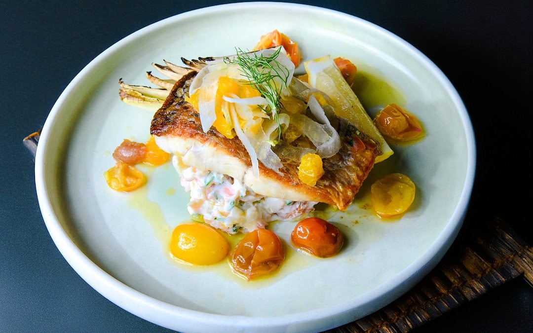 Grilled fish with cherry tomatoes and garnish on a plate, served on Vivid Sydney dinner cruise.