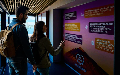 Guests reading informational signs on Mount Teide cable car tour.