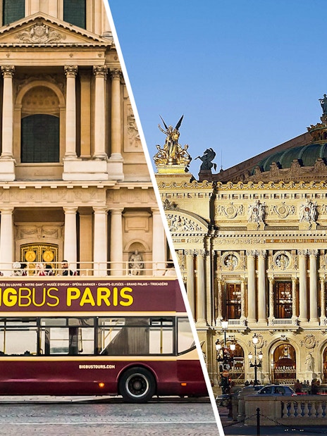 Paris Big Bus tour passing by historic Opera Garnier.