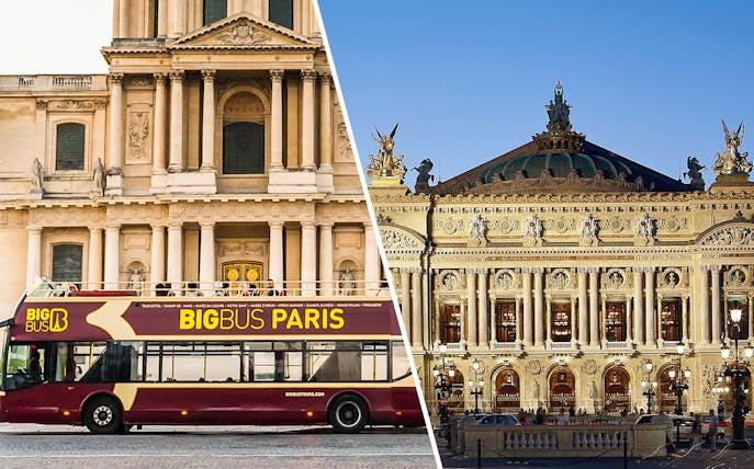 Paris Big Bus tour passing by historic Opera Garnier.